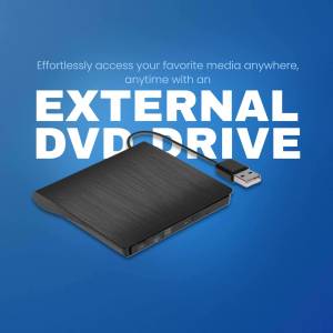 Black external DVD drive with USB connection on a blue background