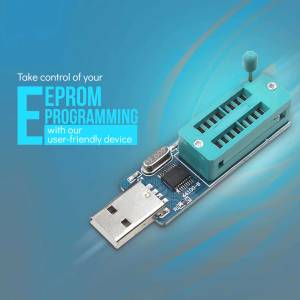 Close-up of a blue and black EPROM programmer device with a USB connector.