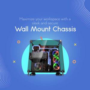Blue and teal wall mount computer chassis with RGB fans and liquid cooling system.