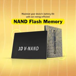 Image of a 3D V-NAND flash memory chip with text promoting energy efficiency.