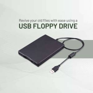 Black USB floppy drive on a light green background