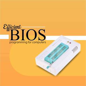 White BIOS programmer device with a teal chip socket on a yellow background