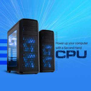Image of two computer towers with blue lighting, advertising second hand CPUs.
