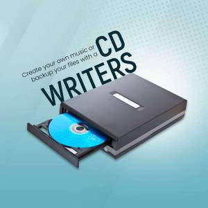 Image of a CD writer with a CD partially ejected, promoting file backup and music creation.