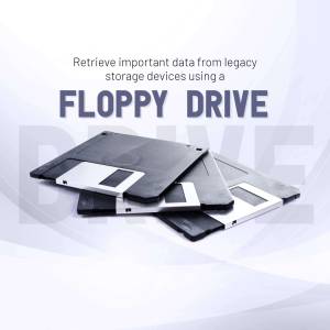 Image of a stack of floppy disks with text about retrieving data from legacy storage devices.