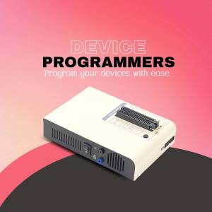 Image of a device programmer with the text 'Device Programmers - Program your devices with ease.'