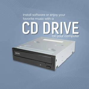 Image of a silver CD drive with text promoting its use for software installation and music.
