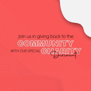Image promoting a charity discount with a red and white abstract background and text.