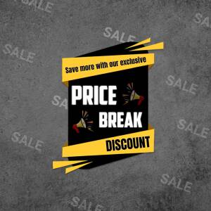 Graphic advertising a price break discount with bold text and megaphone illustrations.