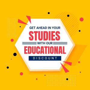 Graphic promoting an educational discount with a yellow and white design.