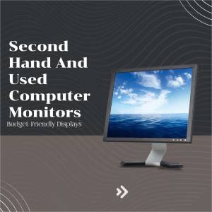 Used computer monitor with a beach scene displayed on the screen