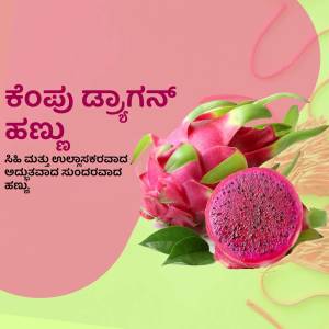Close-up of a vibrant pink dragon fruit with green leaves against a pink and orange background with Kannada text.