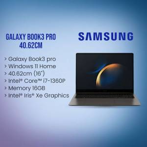Samsung Galaxy Book3 Pro laptop with specifications listed