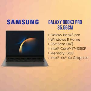 Close-up of a Samsung Galaxy Book3 Pro laptop with specifications listed.