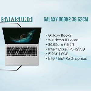 Silver Samsung Galaxy Book2 laptop with specifications listed.