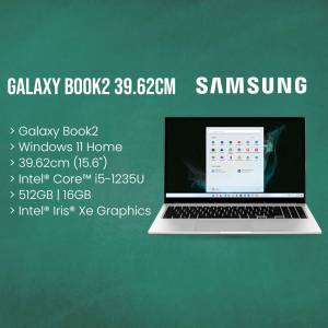 Samsung Galaxy Book2 laptop with Windows 11 Home displayed on the screen