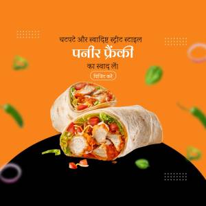 Close-up of a Paneer Frankie, a popular Indian street food wrap, with fresh vegetables and spices.