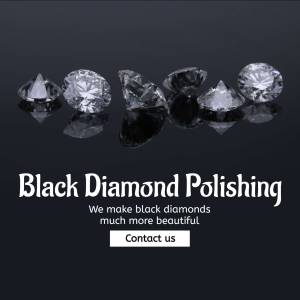 Assortment of polished black and white diamonds with text 'Black Diamond Polishing'