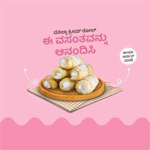 A stack of cream roll pastries on a wooden board with a pink background.