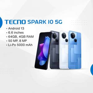 Tecno Spark 10 5G smartphone in black and blue colors with specifications
