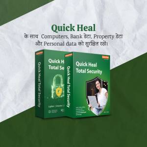 Quick Heal Total Security software packaging with security features highlighted.