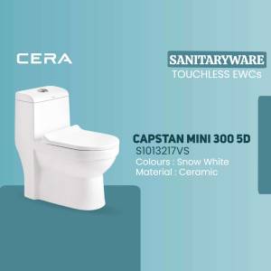 White Cera Capstan Mini 300 5D touchless EWC toilet with Snow White color and ceramic material.