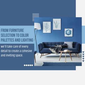 Modern blue living room with sofa, lamp, and artwork