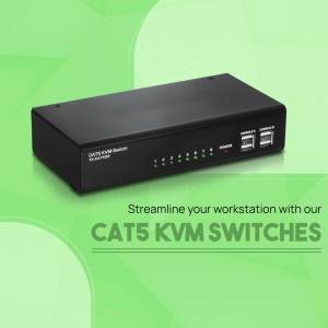 Black CAT5 KVM Switch on a light green background with text promoting streamlined workstations.