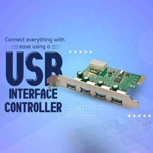 Close-up of a green USB interface controller card with blue USB ports.