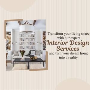 Interior design services advertisement featuring a beautifully decorated living room.