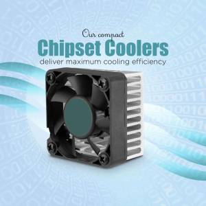 Close-up of a compact chipset cooler with a fan and heat sink.