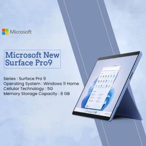 Microsoft Surface Pro 9 tablet with blue keyboard cover displayed at an angle.