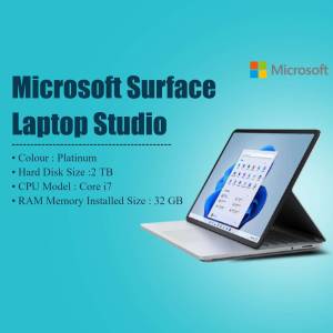 Microsoft Surface Laptop Studio in Platinum color, showcasing its features.