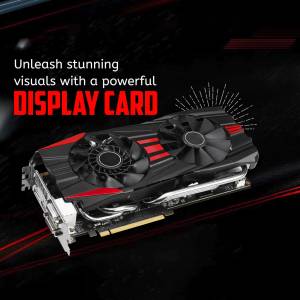 Close-up of a black and red graphics card with text 'DISPLAY CARD'