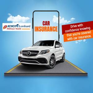 Advertisement for ICICI Lombard car insurance featuring a white Mercedes-Benz.