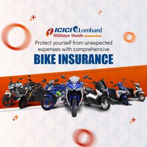Advertisement for ICICI Lombard Bike Insurance featuring various motorcycles and scooters.