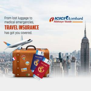 Travel insurance advertisement featuring a suitcase, airplane, and city skyline.
