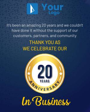 Image celebrating a company's 20th anniversary with a thank you message.