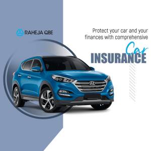 Blue Hyundai Tucson car with Raheja QBE Car Insurance advertisement