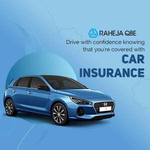 Blue car with Raheja QBE insurance advertisement
