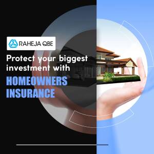 Image promoting Raheja QBE Homeowners Insurance with a house in a hand.