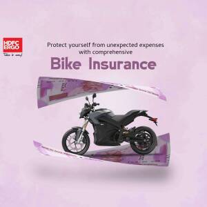 Image promoting HDFC ERGO Bike Insurance with a motorcycle and currency notes.