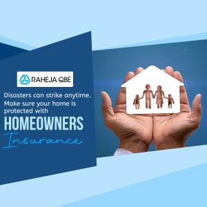 Image depicting hands holding a house with a family inside, promoting Raheja QBE Homeowners Insurance.