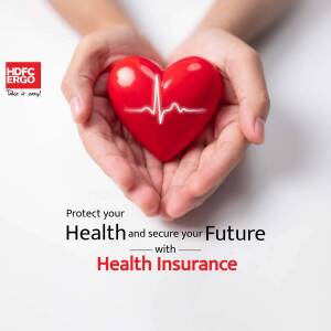 Hands holding a red heart with an ECG line, promoting HDFC Ergo Health Insurance.