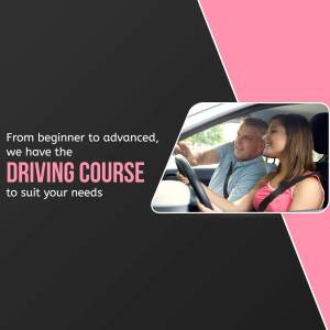 Image of a driving instructor teaching a student in a car, promoting a driving course.