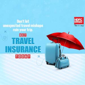Travel insurance advertisement featuring a suitcase, umbrella, and airplane with HDFC Ergo logo.