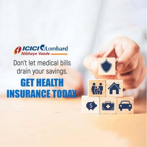 Image depicting hands building blocks with health insurance icons, promoting ICICI Lombard health insurance.