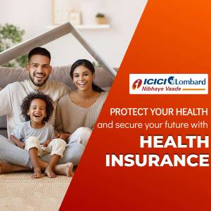A happy family under a symbolic house roof with ICICI Lombard health insurance branding.