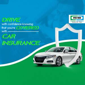 Car insurance advertisement featuring a silver sedan and a protective shield.