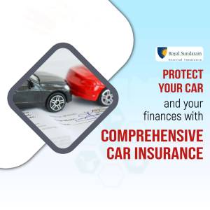Car insurance advertisement with a damaged toy car and insurance documents
